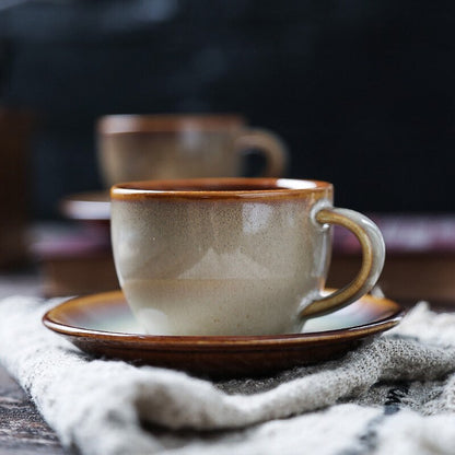 Gohobi Handmade stoneware coffee cup and saucer set Japanese vintage style coffee mug