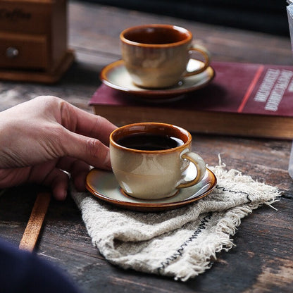 Gohobi Handmade stoneware coffee cup and saucer set Japanese vintage style coffee mug