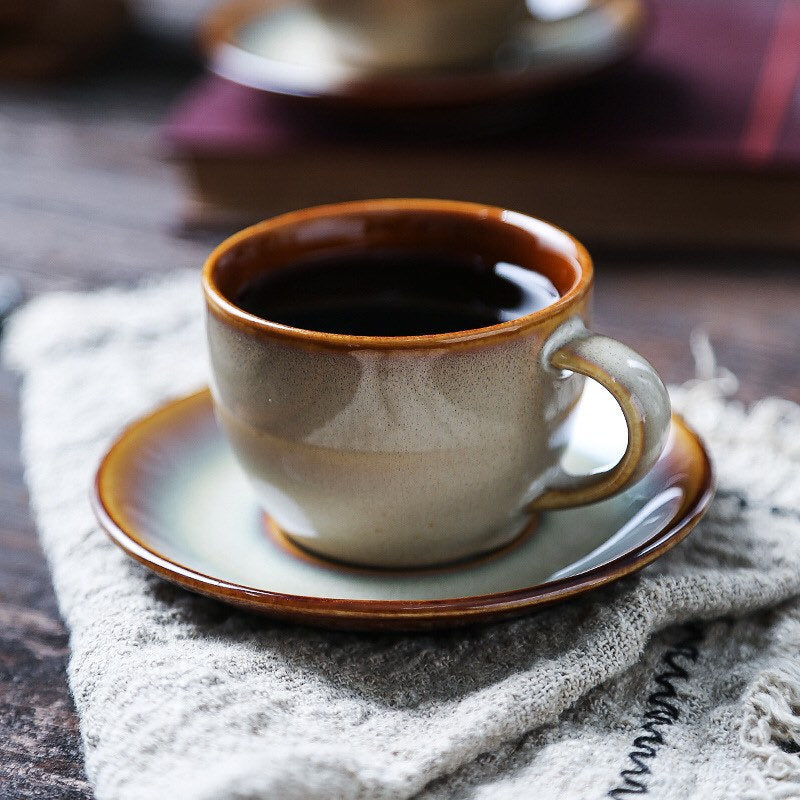 Gohobi Handmade stoneware coffee cup and saucer set Japanese vintage style coffee mug