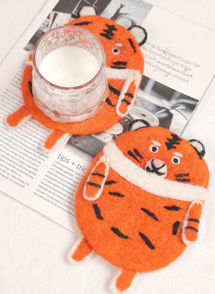 Gohobi Wool coaster, animal coaster, orange tiger coaster, gift for her, gift for him