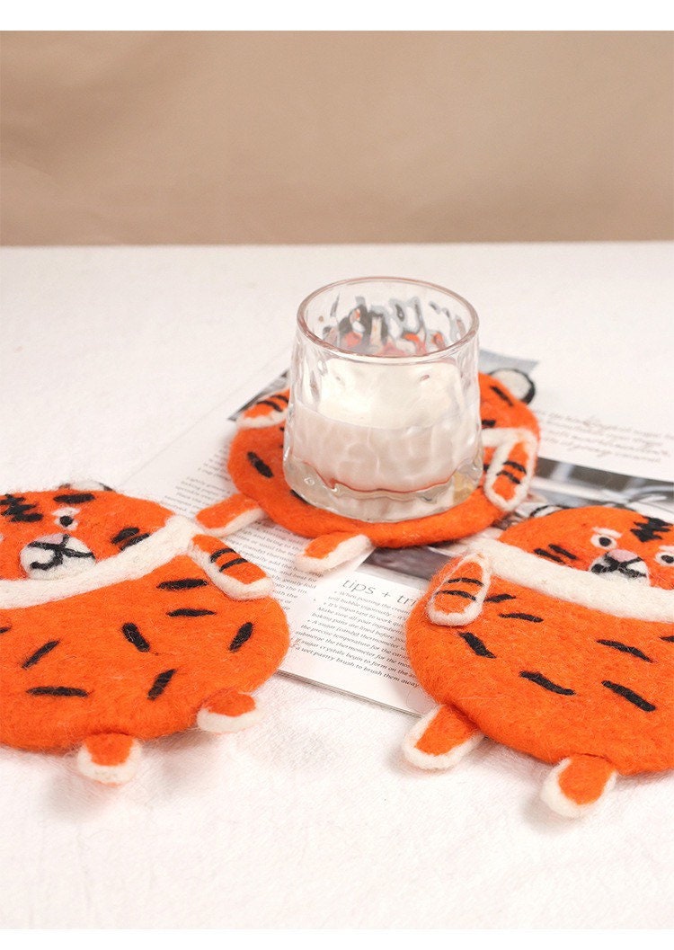 Gohobi Wool coaster, animal coaster, orange tiger coaster, gift for her, gift for him