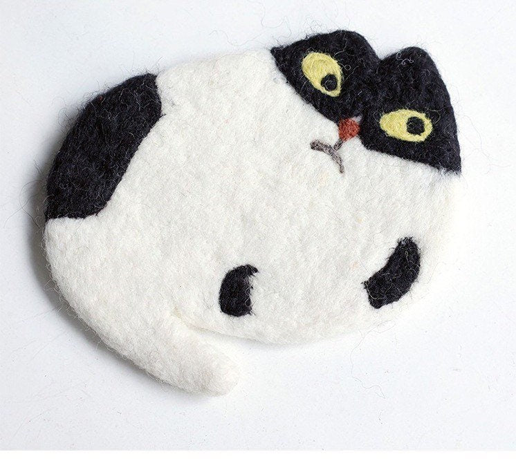 Gohobi Wool coaster, animal coaster, cat coaster, gift for her, gift for him, yellow grey black white cat, panda, duck