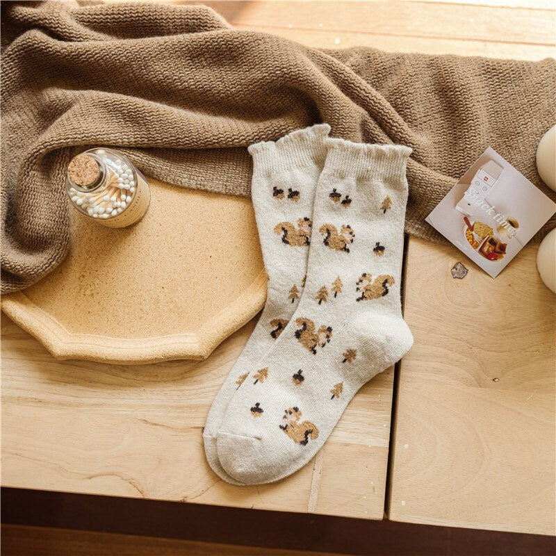 Floral socks Women Winter Socks gift wool flowers animal Squirrels Korean Japanese socks