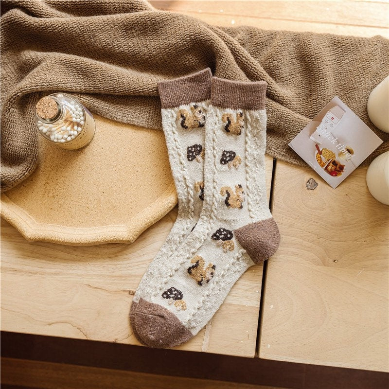 Floral socks Women Winter Socks gift wool flowers animal Squirrels Korean Japanese socks