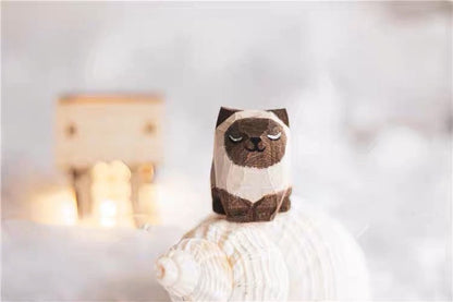 Gohobi Hand crafted wooden brown white cat ornaments unique gift for him for her