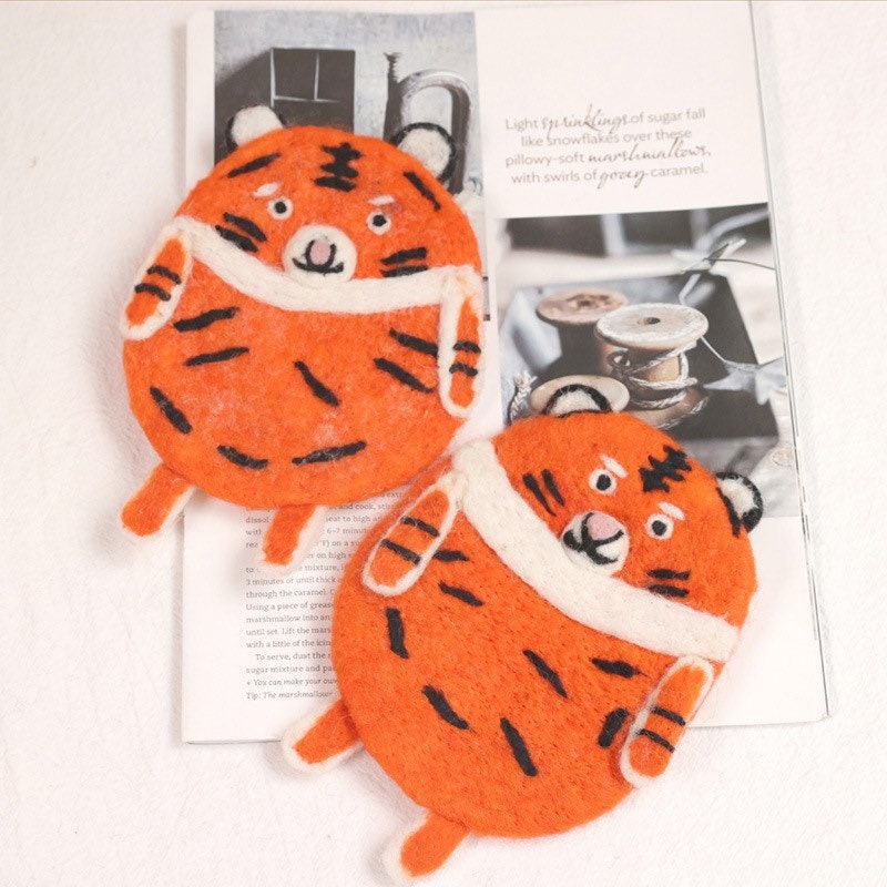 Gohobi Wool coaster, animal coaster, orange tiger coaster, gift for her, gift for him