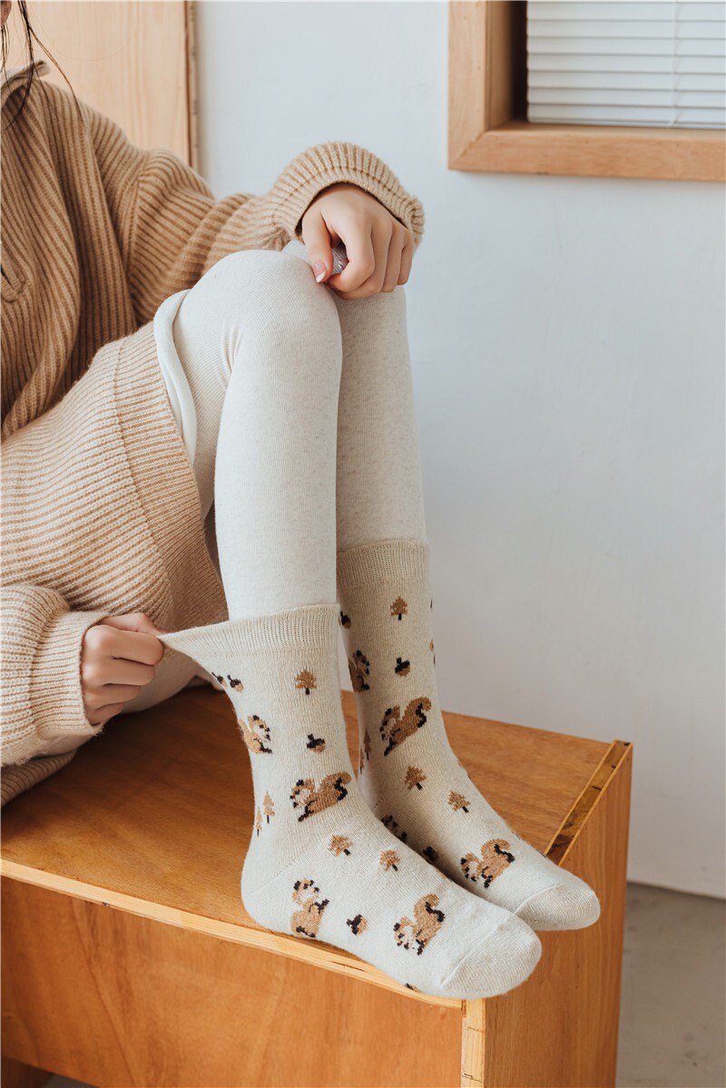 Floral socks Women Winter Socks gift wool flowers animal Squirrels Korean Japanese socks