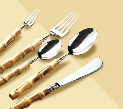 Gohobi a set of 5 bamboo handle cutlery set 100% stainless steel cutlery set