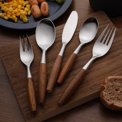 Gohobi a set of 5 luxury high quality stonewashed wooden teak handle cutlery set 100% stainless steel cutlery set